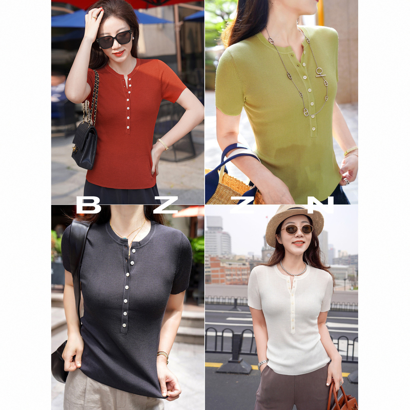 Bzzn Smart New Favorite Summer Thin and Comfortable Acetate Wool T-Shirt Spring/Summer_Elegant Half-Henley Collar Short Sleeve Top