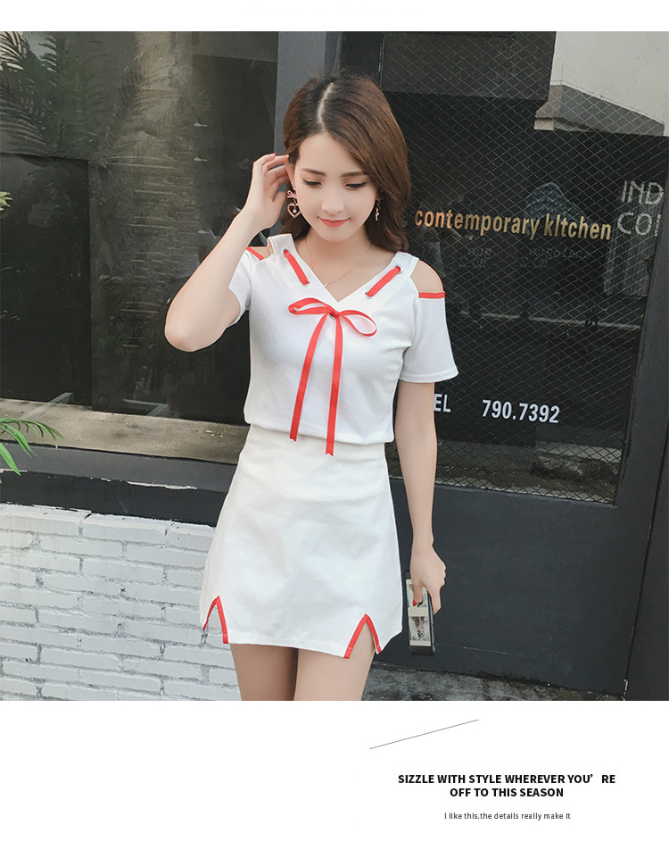 VK旗艦店 韓國風休閒兩穿露肩性感蝴蝶結套裝短袖裙裝