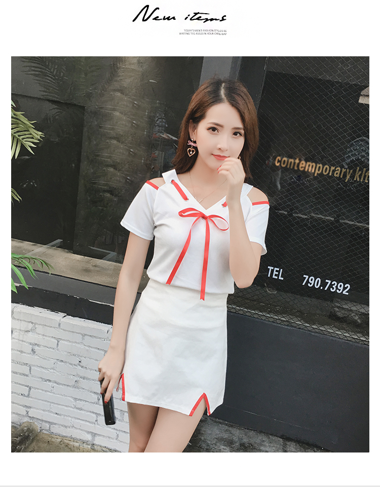 VK旗艦店 韓國風休閒兩穿露肩性感蝴蝶結套裝短袖裙裝