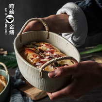 Creative retro with hemp rope tray vegetable plate coarse pottery soup plate fish plate household soil bowl Net red tableware oval fruit Basin