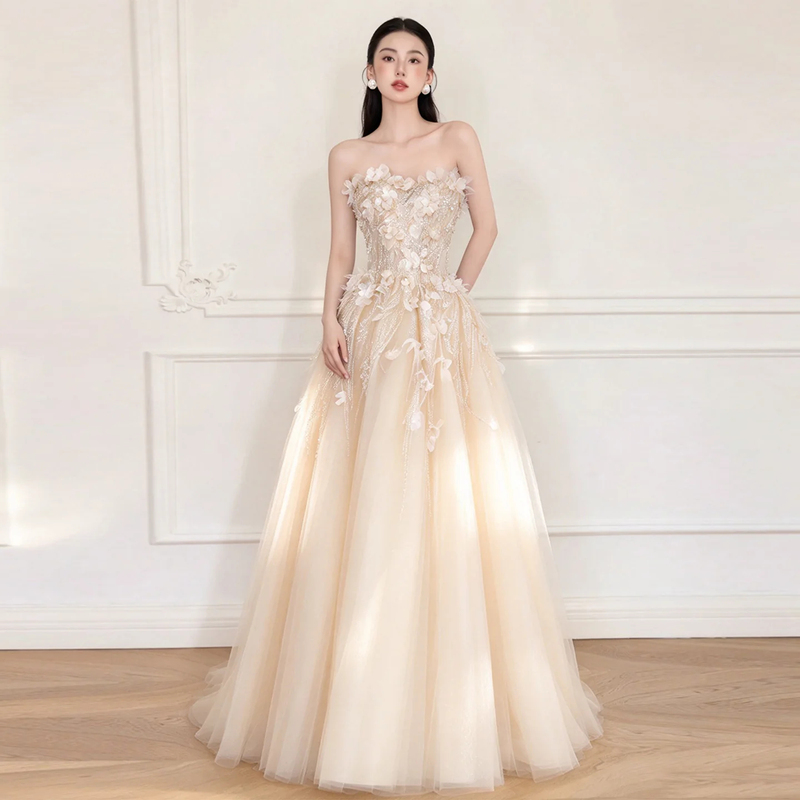 Stunning Strapless Bridal Engagement Robe Dress 2026 New Wedding Toast Dress Light Luxury Niche Banquet Evening Dress Stunning Strapless Bridal Engagement Robe Dress 2026 New Wedding Toast Dress Light Luxury Niche Banquet Evening Dress