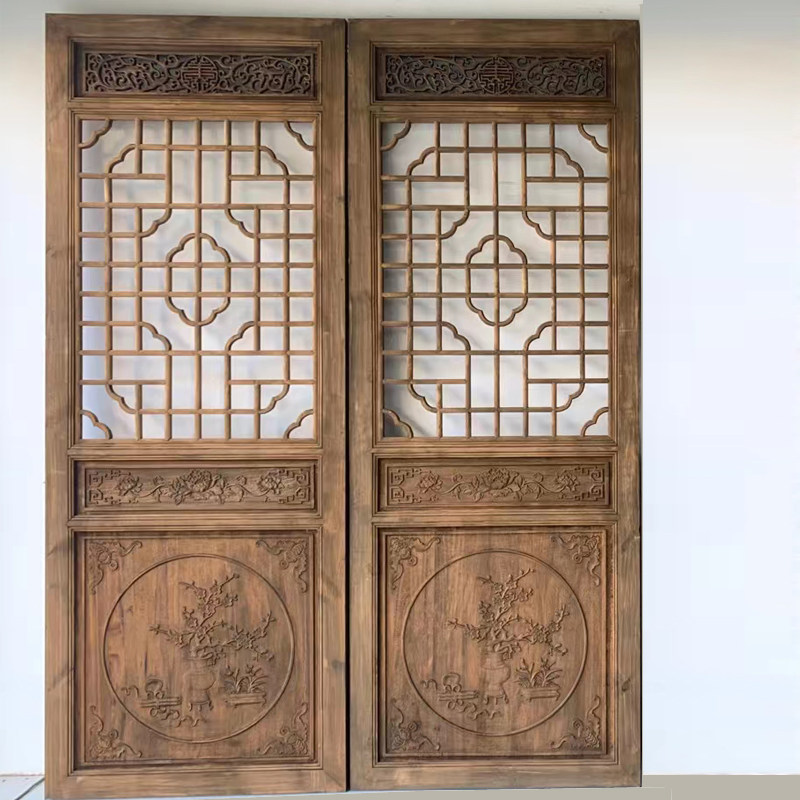 Chinese solid wood made of old doors and windows Dongyang wood carved ancient wind fragrant Zhangmu Flowers antique door and window grille partition screen