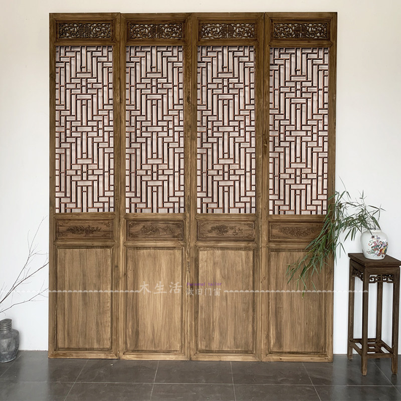 Dongyang wood carving Chinese solid wood flower lattice carved with hollowed imitation antique doors and windows to make old ancient windy folk hotel partition screen