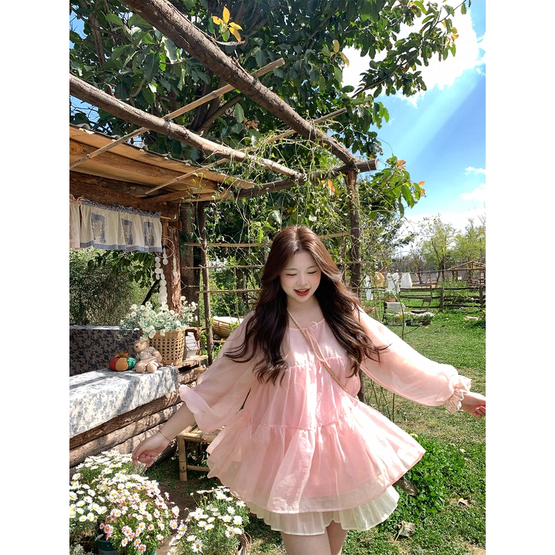Soft Pink Peach-Colored Princess Cute Puff-Sleeve Puffy Sweet Slightly Sheer Top