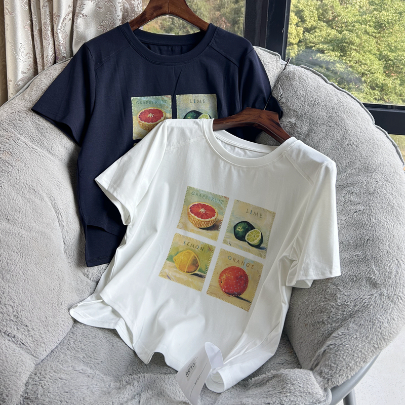 Highlights: 2026 Summer Fruit Print Fashionable Versatile Round Neck Short Sleeve T-Shirt, Loose Fit, Slimming, Irregular Hem Top
