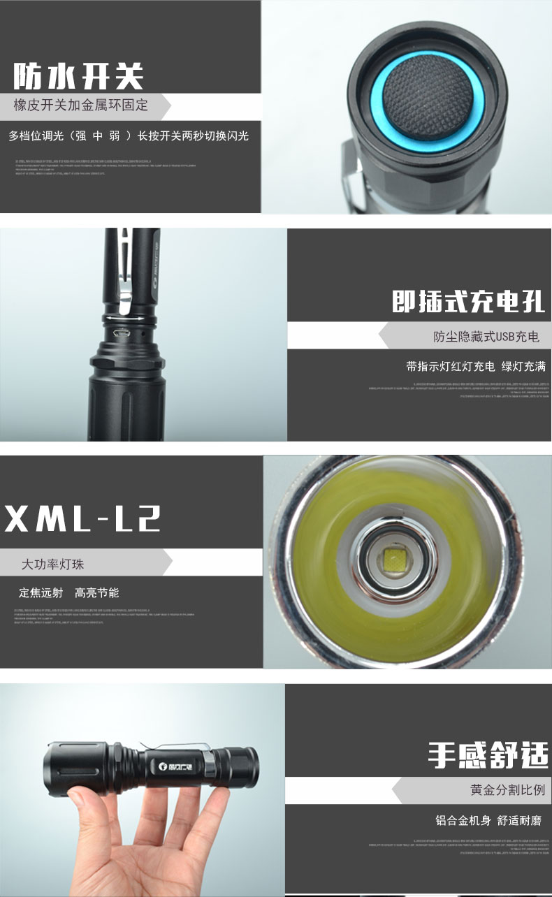 Đèn LED ngoài trời phổ biến L2 đèn pin chiếu sáng dài không thấm nước cưỡi trong nhà sạc USB đèn pin quân đội