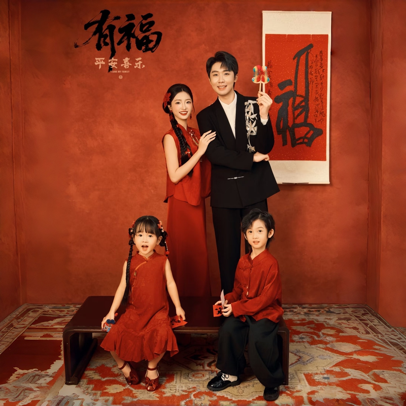 Photo Studio New Year Theme New Chinese-Style Family Portrait Photography Clothing Family of Four Parent-Child Photo Shoot Red Dress
