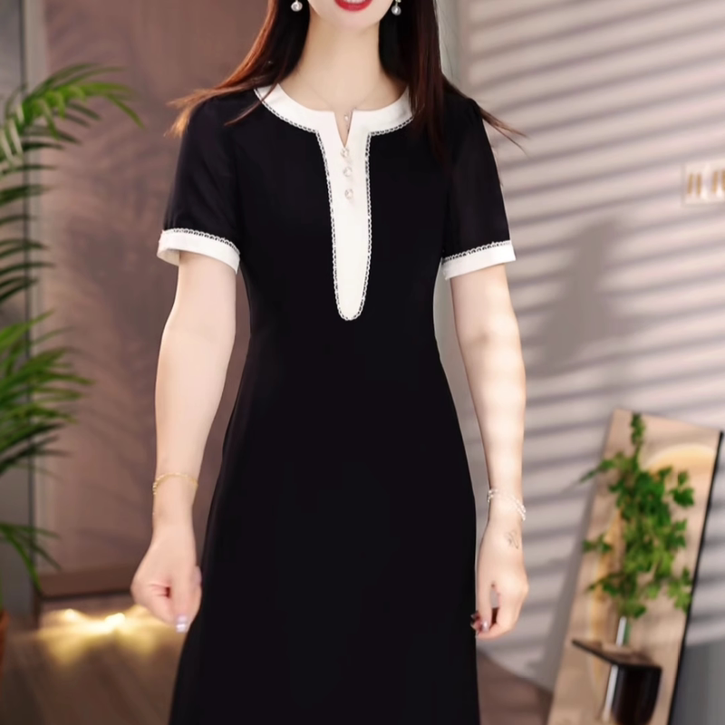 Fashionable Patchwork Hepburn-Style Dress for Women 2026 Summer New Classy and Exquisite Slimming and Age-Reducing Mid-Length Skirt