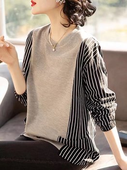Plain wood European station large size new striped stitching fake two-piece long-sleeved sweater loose fat sister foreign style top tide