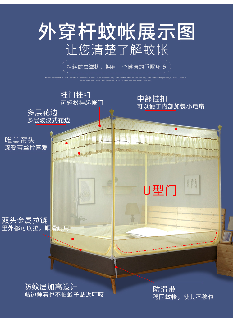 Mới chống vỡ giường cho bé chống rơi giường dây kéo lưới chống muỗi dày đặc 2X2,2 m giường 1,5 / 1,8m nhà - Lưới chống muỗi màn giường ngủ