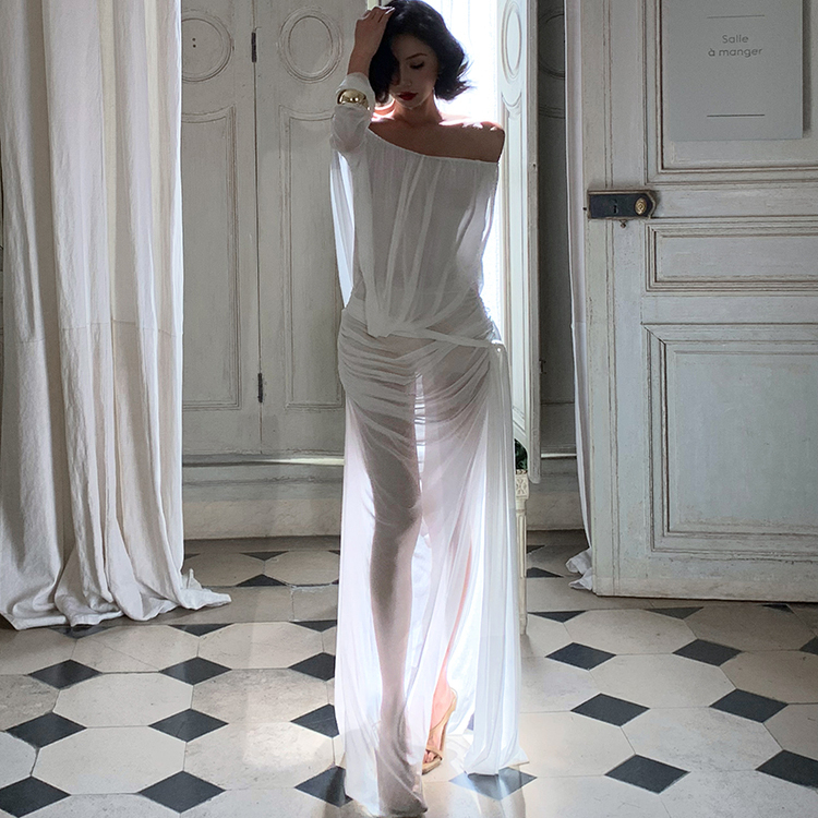 Island Store Sexy Slimming Height-Enhancing Vacation Paris Opera White Athena Off-Shoulder See-Through Dress
