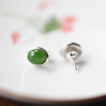 Idle dust pure silver inlaid with natural and Tian Yubi jade earbuds brief classical pure silver ear nail fine Runze