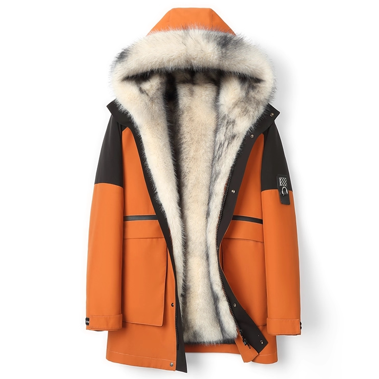 Haining Authentic Parka, Unisex, Arctic Coyote Lining, Mid-Length Hooded Fur Thick Coat