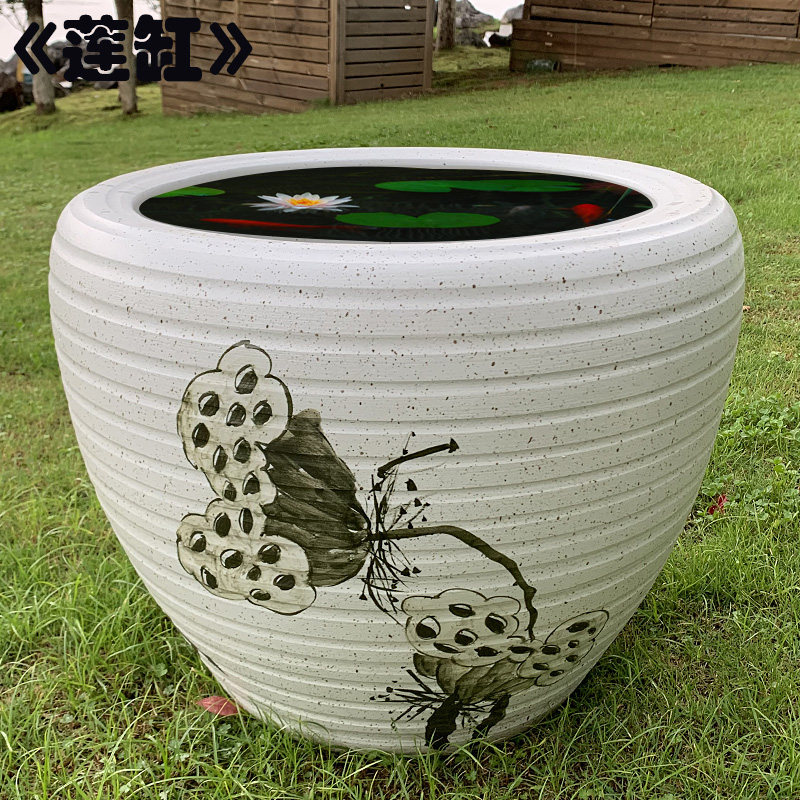 Chinese Ceramic Large Fish Bowl with Lotus Lotus Cylinder Palace Balcony Living Room