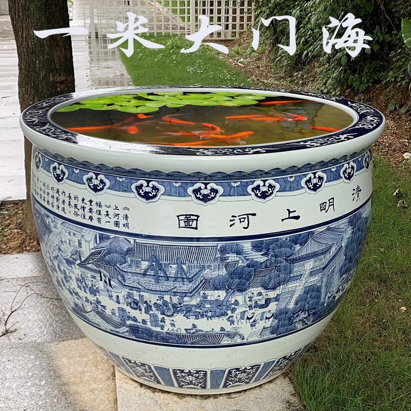 Jingdezhen Blue flower hand-drawn ceramic one meter of ultra-large cylinder goldfish powder tree cylinder courtyard villa