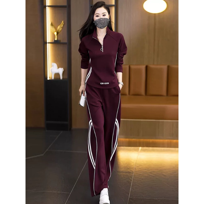 Sports-Style Stand-Up Collar Sweatshirt for Women, 2026 Spring New Trendy Fashion Casual Zipper-Decorated Wide-Leg Pants Set