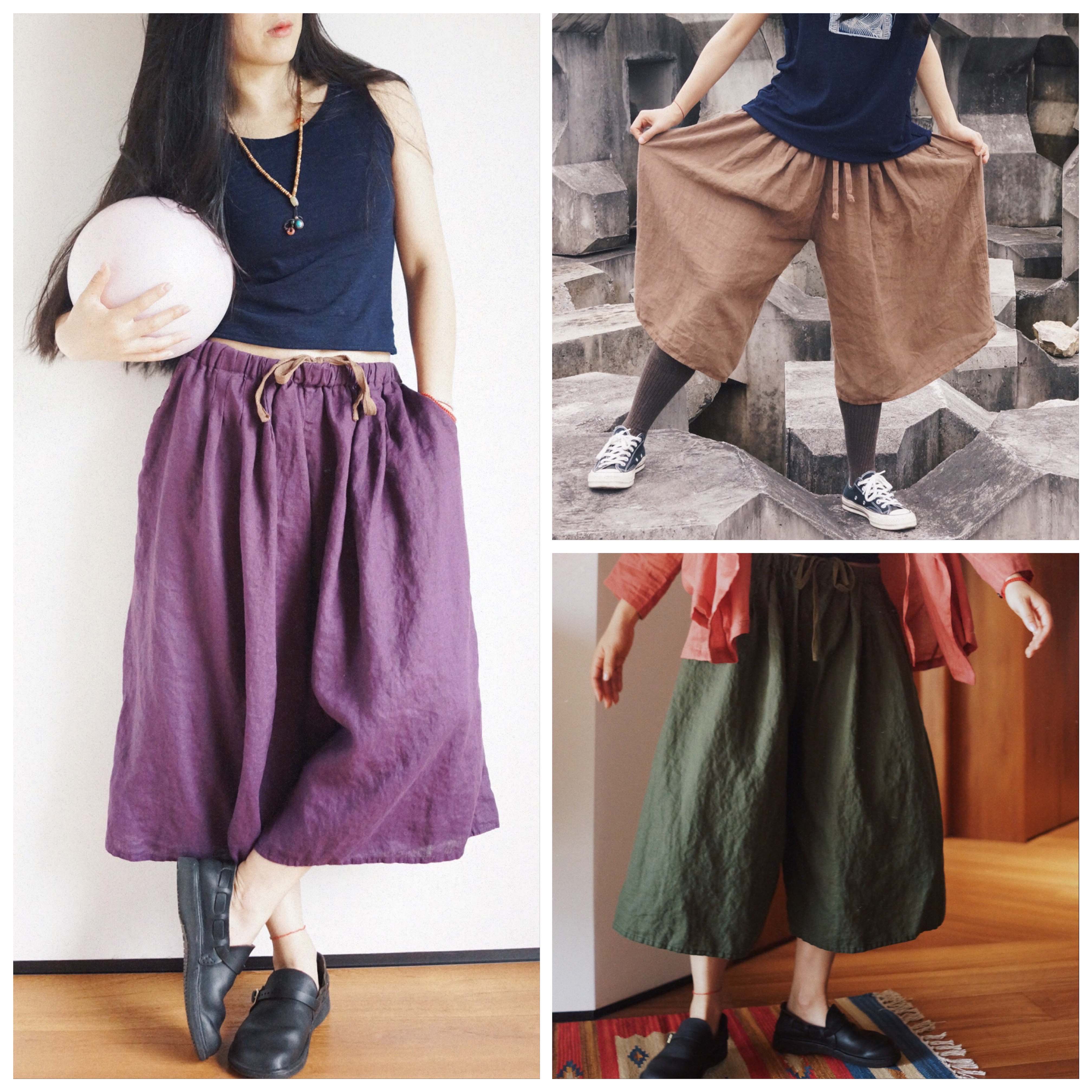 (Time Boat) Imported color cotton linen superprofile 100 hitch Artistic Loose Summer Broadlegged Skirt Pants