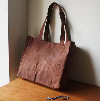 (Time boat) Persimmon dyed brown plant dyed hand woven cloth single-layer edging lightweight shoulder bag