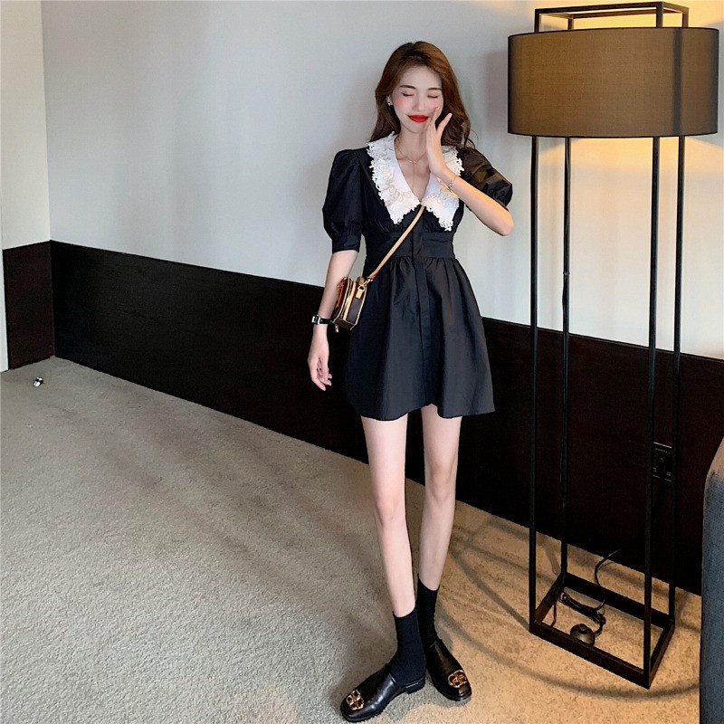 French doll collar black skirt women's 2021 new summer waist thin temperament bubble sleeve dress