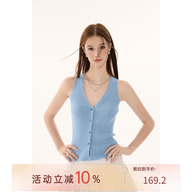 Cat Purple V-Neck Spicy Girl Style Knitted Sleeveless Buttoned Slim-Fit Tank Top/7/8 Length Cargo Pants