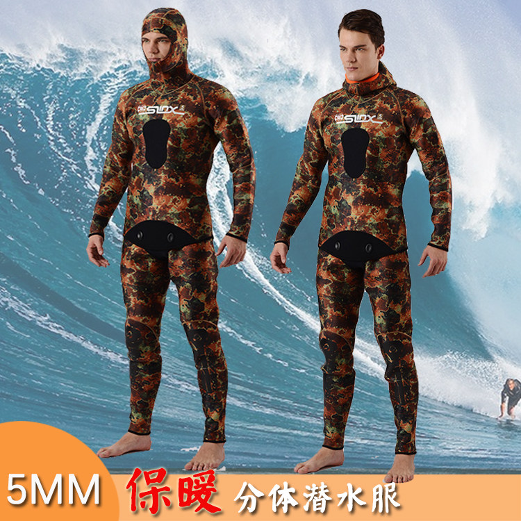 5mm two-piece hooded wetsuit warm men's camouflage fishing suit Deep diving sea water lung professional wetsuit