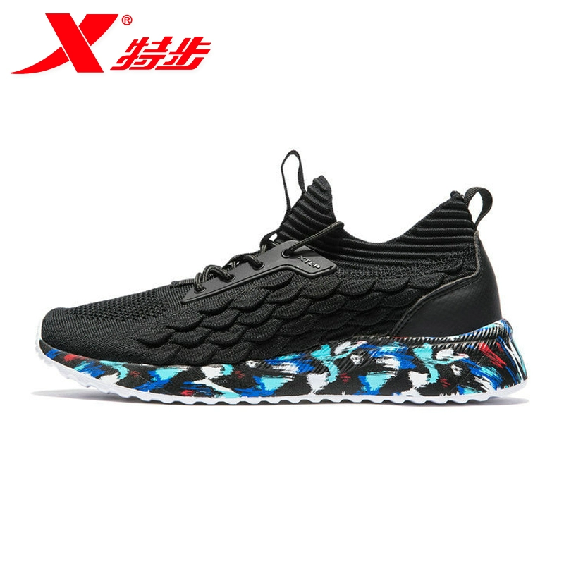 x Giày nam xanh đen Xtep giày đế dày tích hợp lưới đan thể thao giày nam thoáng khí giày bố trung niên - Dép / giày thường