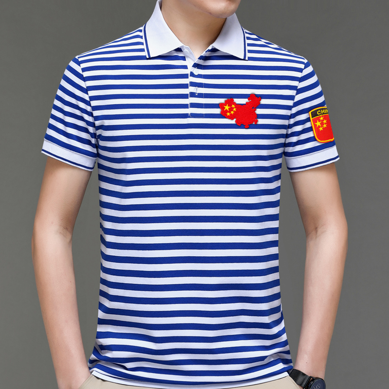 Summer Collared Sailor Shirt Short-Sleeve T-Shirt for Middle-Aged and Elderly Business Polo Shirts with Striped Embroidery of China Map in Navy Style