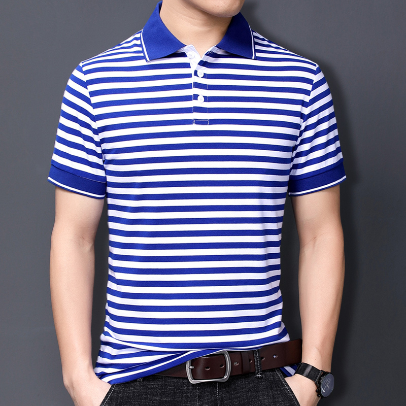 Middle-Aged and Elderly Men's Short-Sleeve T-Shirt with Striped Collar, Polo Shirt for Summer, Navy Shirt for Friends Gatherings