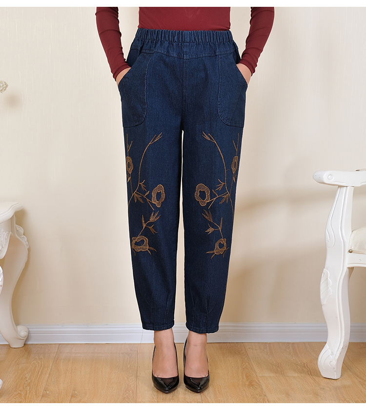 Quần thun nữ có độ tuổi trung bình và cũ, quần jeans ống rộng cỡ lớn thêu quần cũ 50-60 tuổi. quần jean nữ cao cấp