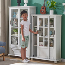 American solid wood bookcase with glass door locker Floor-to-ceiling childrens sliding door storage cabinet Display cabinet Sliding door bookcase