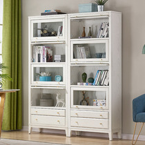 American pull-out bookcase Full solid wood with glass door Floor-to-ceiling combination bookshelf shelf Childrens dustproof bookcase full wall