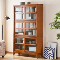 American solid wood bookcase with door Glass door Living room display storage cabinet Combination push-pull bookcase Floor-to-ceiling integrated wall