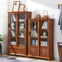 Childrens bookcase with door with glass door White floor-to-ceiling solid wood bookcase Living room bookshelf shelf Sliding door cabinet