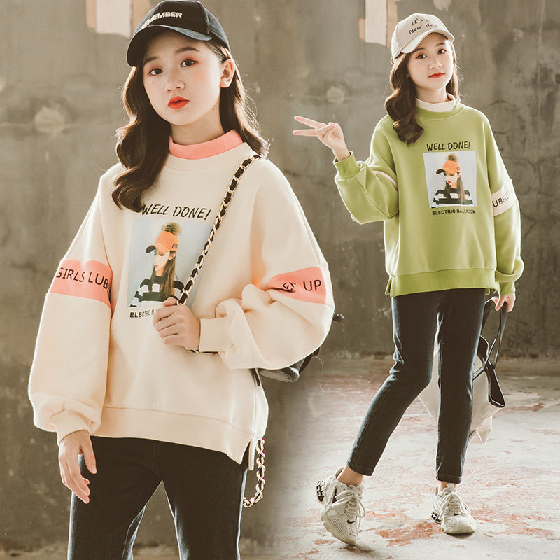 Girls' fleece sweater autumn and winter 2022 new Korean version of the children's Western style in the big children's stitching bottoming pullover winter