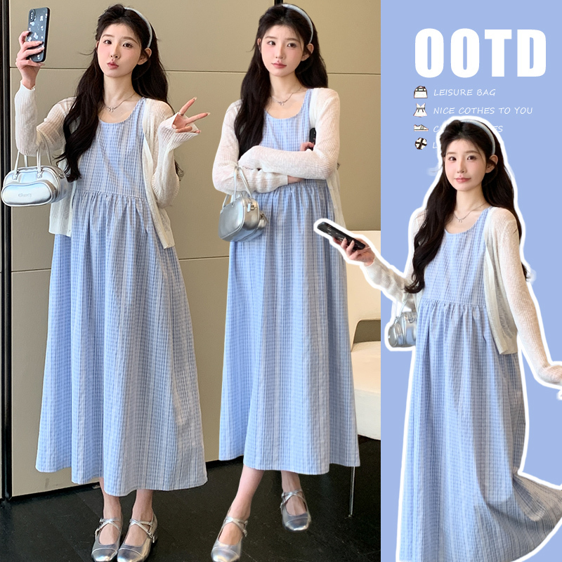 2026 Spring/Summer New Maternity Wear Sweet and Slimming Two-Piece Dress Set Sun Protection Cardigan + Tank Dress Set