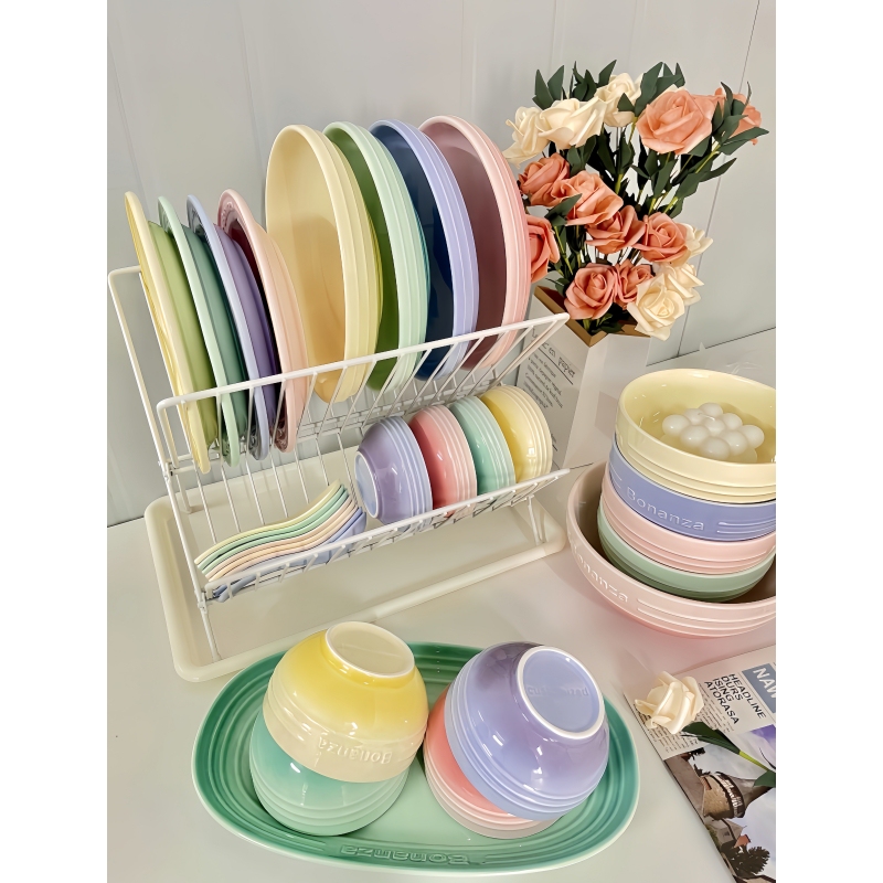 French-Style Gradient Color Bowl and Plate Set, Household Bowl with Underglaze Color, Ceramic Bowls and Plates, High-End Tableware, Housewarming Bowl and Chopsticks Gift Box