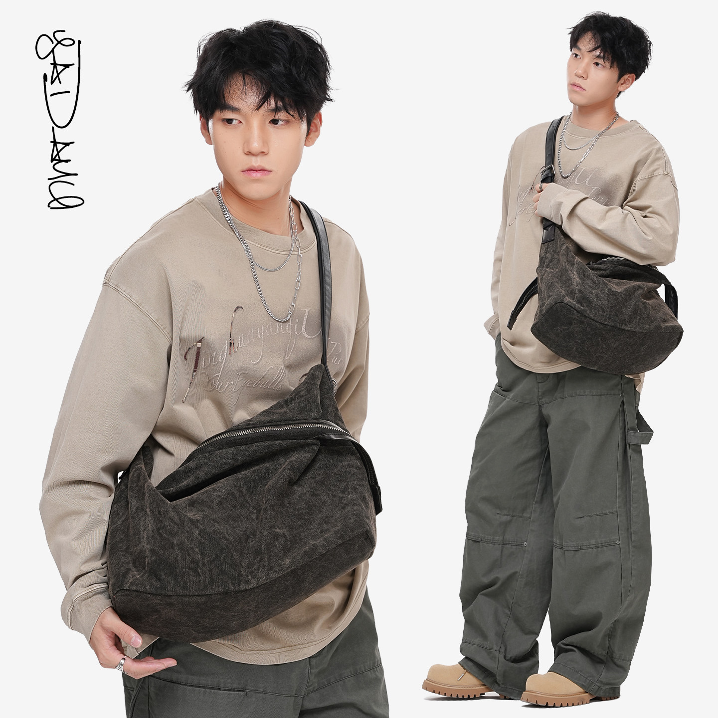 黑田矢卫「褐叙」原创帆布复古做旧流浪包男款斜挎包大容量通勤包