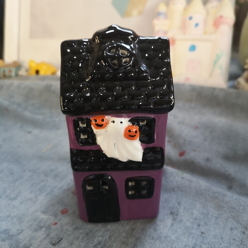 Black and Purple Halloween House Ornament Made of Ink Porcelain Ceramic Crafts