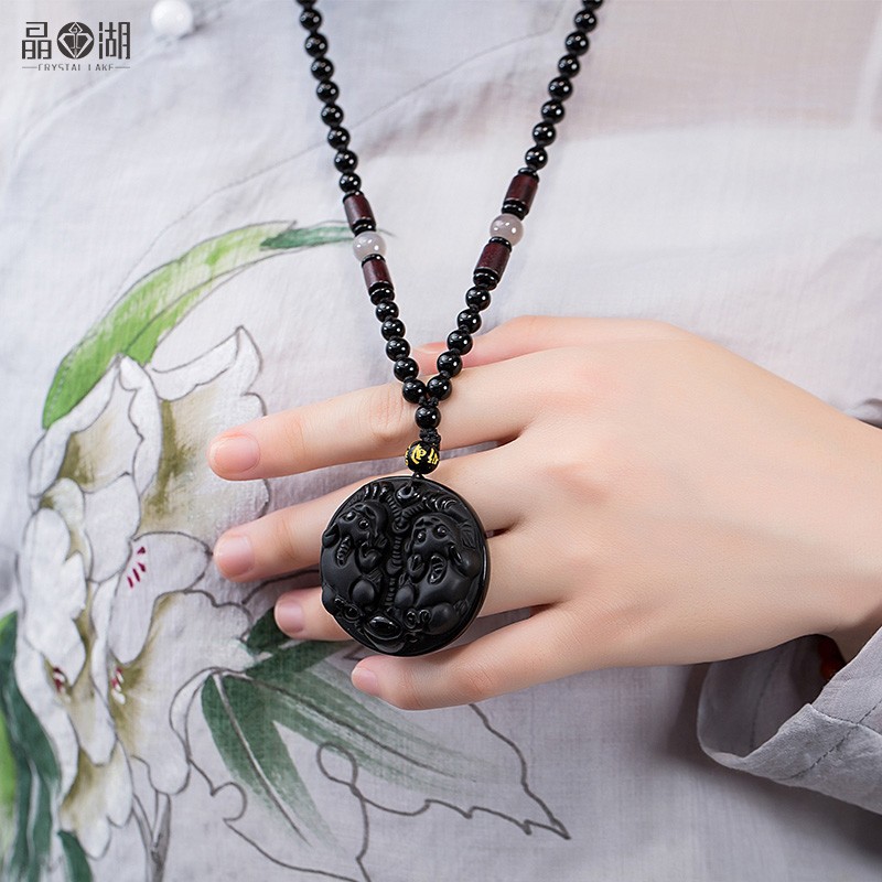 Crystal Lake Black Shine Stones leopard Pendant Double Leopard Leopard Leopard's Treasure Keeper's Residence Pendant Male Necklace