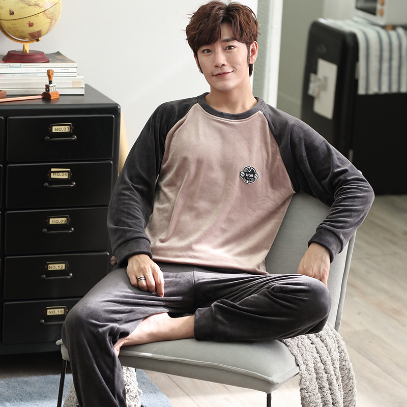 Men's coral fleece pajamas autumn and winter thickened and fleece warm pullover spring and autumn thin island fleece home service suit