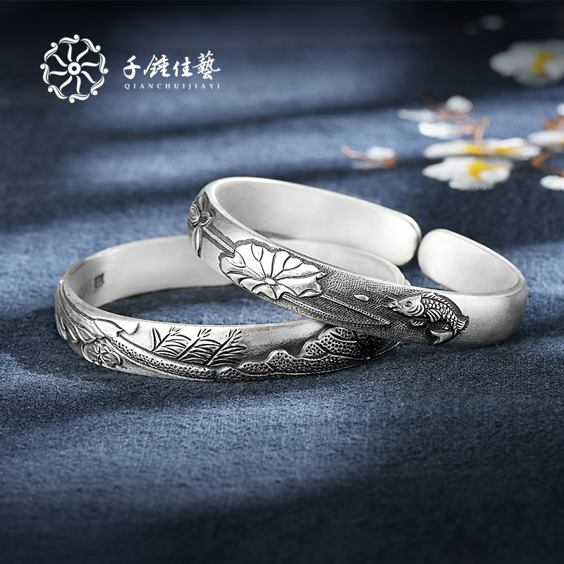 Thousand Hammer Jiayi Silver Bracelet Foot Silver 999 Ladies Opening National Wind Golden Jade Full Silver Bracelet Gift