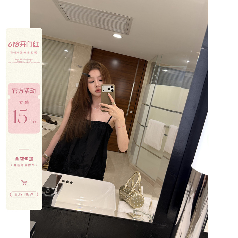 Ffshu Round Face Qi Qi Summer French-Style Lace Patchwork Camisole Women's Black Babydoll Top