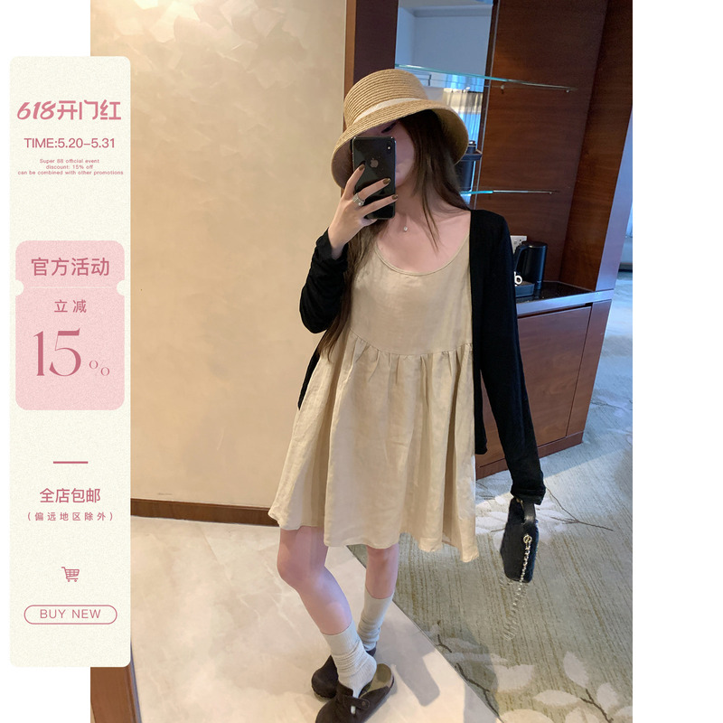Ffshu Round Face Qi Qi Spring and Summer Linen Sleeveless Dress for Women, Suitable for Petite Figures, Sweet and Age-Reducing Tank Dress
