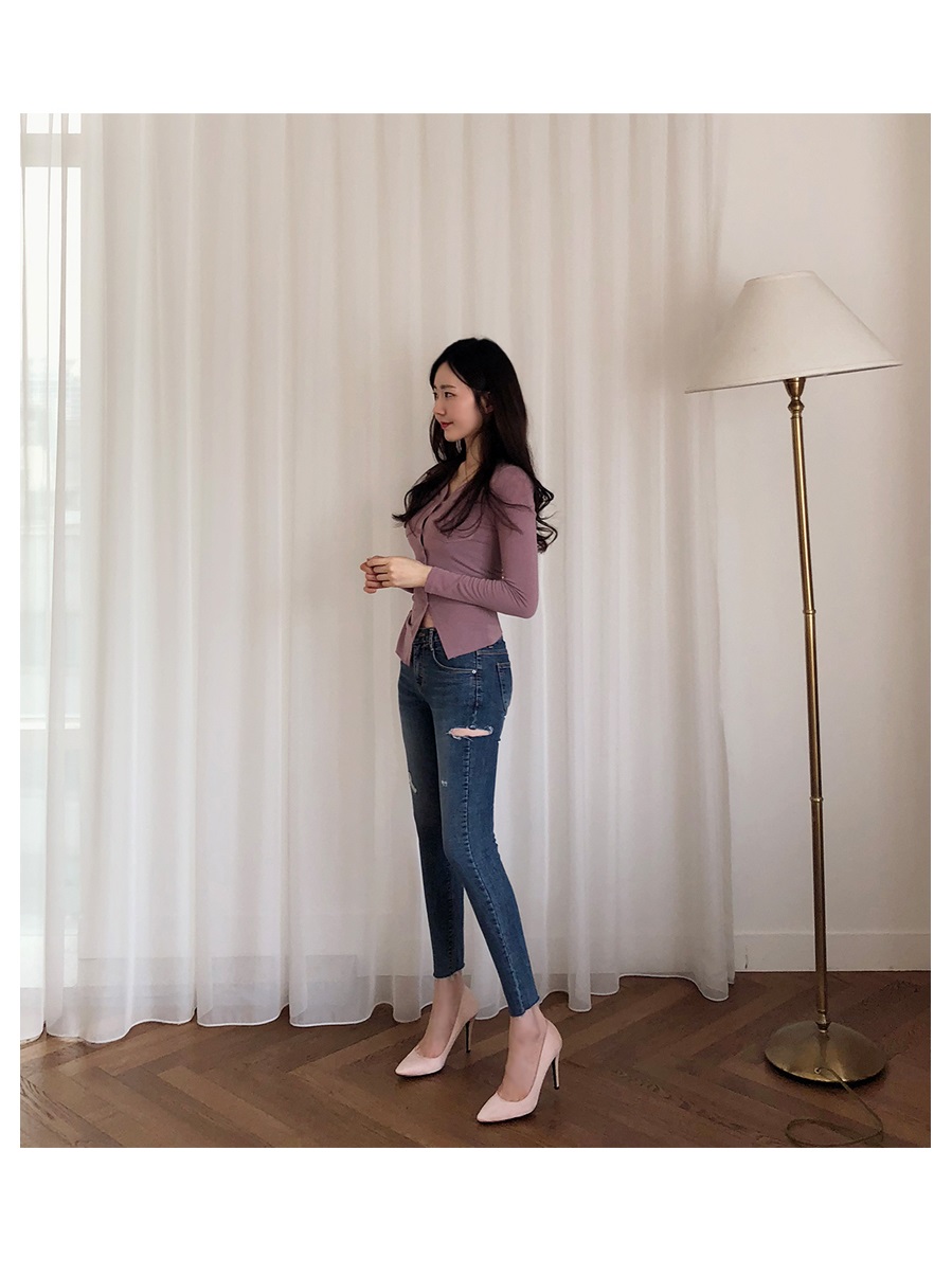 Áo len màu hồng tím của phụ nữ cổ chữ V bó sát áo thu đông và mùa đông Hàn Quốc áo thun dài tay áo sơ mi cotton mỏng phần cotton mẫu áo len đẹp