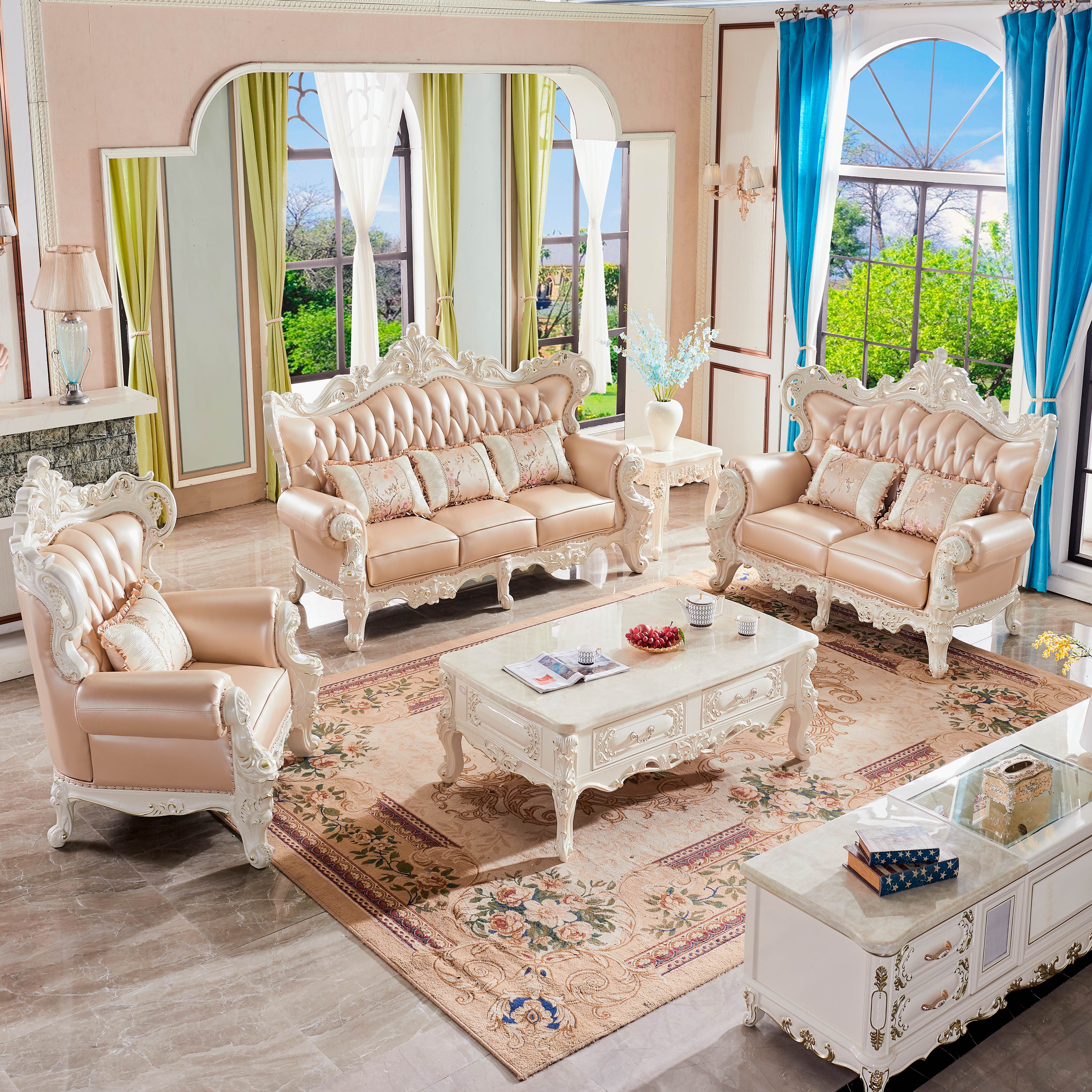 Eurostyle Real Leather Sofa 123 Composition Living room Whole Upscale Luxury Solid Wood Carved and Size Family matching furniture