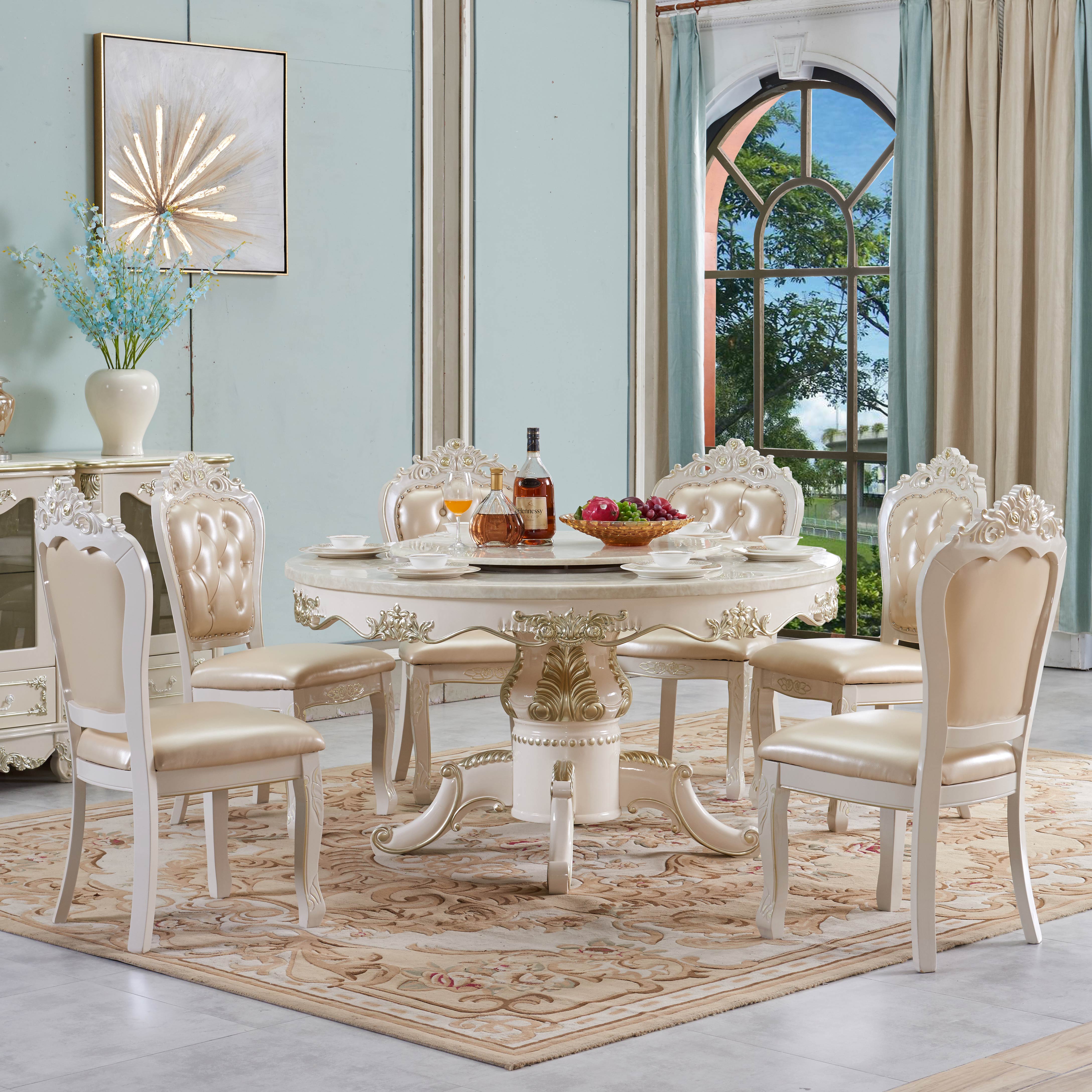 Marble dining table and chairs combined with turntable solid wood European-style living-room minimalist small family home round furniture suit