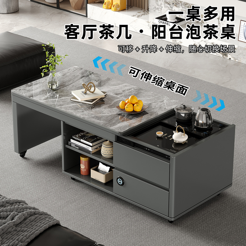 Movable Slate Coffee Table with Water Boiler, a Complete Set of Adjustable Tea Table for Small Apartments, Living Room, Balcony, Extendable Tea Table