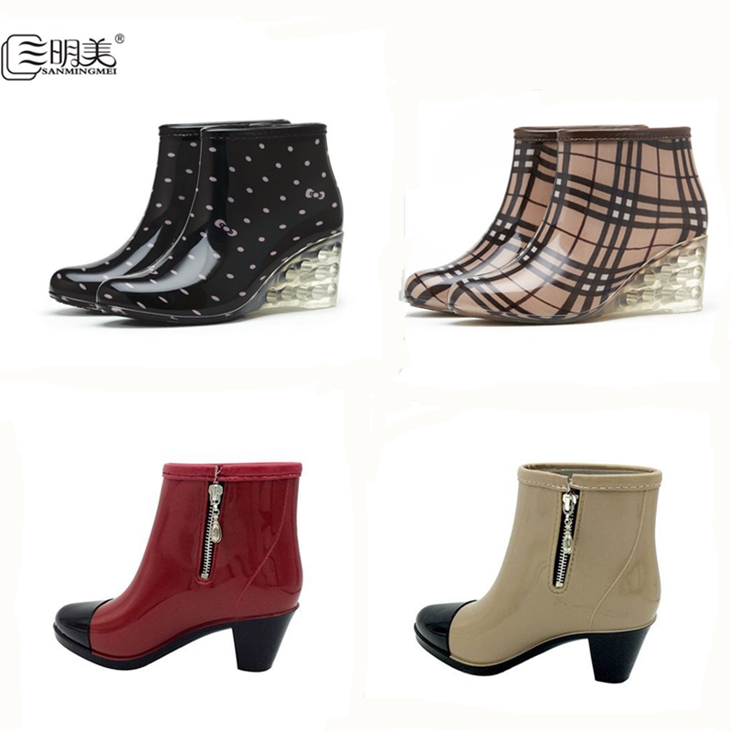 Fashionable Rain Boots for Women, High-Heeled Short Water Boots, Adult Water Shoes, Non-Slip Wedge-Heeled Rubber Shoes, Casual Low-Top Spring and Autumn Slip-Ons