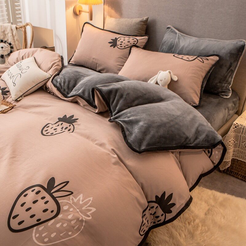 Coral velvet four-piece set of flannel cotton plus velvet ab quilt cover winter light luxury milk velvet sheets bedding
