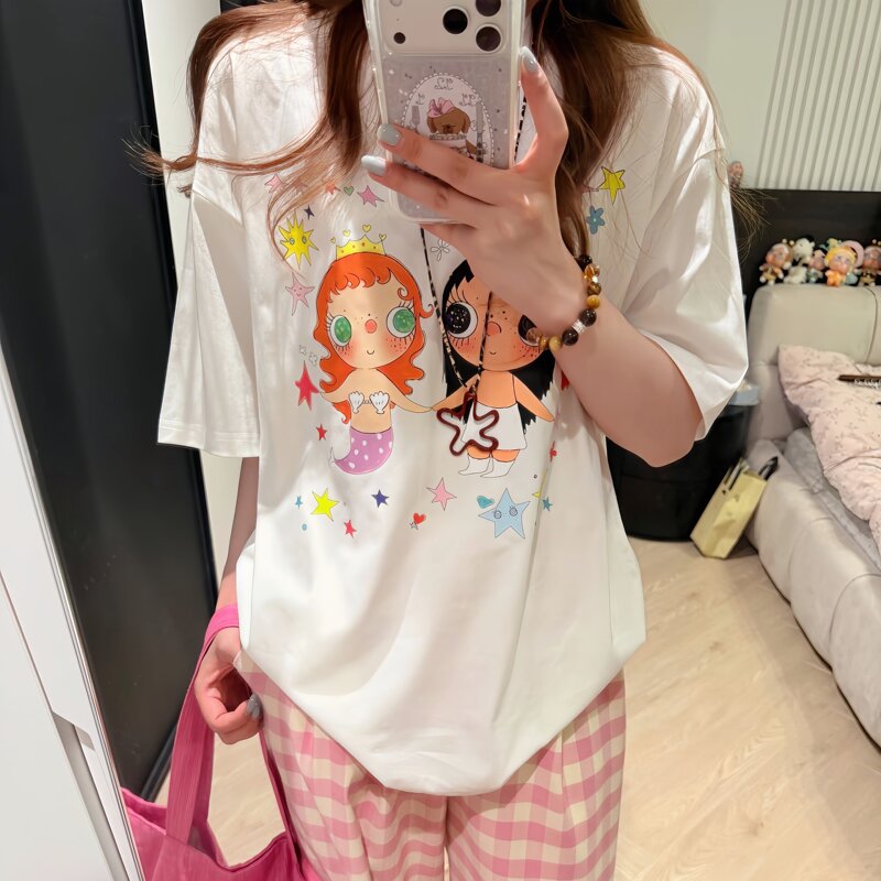 Japanese Lorz Small Jade Print Short-Sleeve T-Shirt 2026 New Summer Graffiti Hand-Painted Pure Cotton Loose Half-Sleeve Top Japanese Lorz Small Jade Print Short-Sleeve T-Shirt 2026 New Summer Graffiti Hand-Painted Pure Cotton Loose Half-Sleeve Top